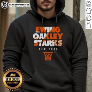 Throwback New York Knicks hoodie featuring Ewing, Oakley, and Starks for basketball fans and vintage sports apparel collectors.