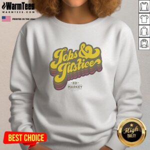 Official Jobs and Justice logo sweatshirt featuring a bold design and vibrant colors, ideal for casual wear.