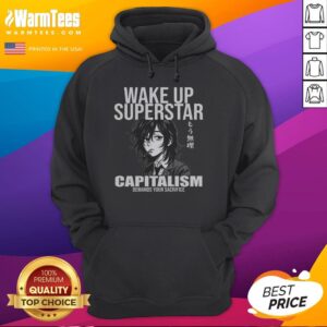 Funny Wake Up Superstar Capitalism Demands Your Sacrifice anime hoodie displayed on a stylish mannequin.