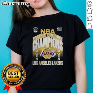 2026 Pacific Division Champions locker room photo featuring a stylish ladies tee celebrating the Los Angeles Lakers.