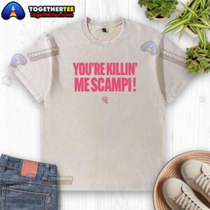 Alt Text: Awesome Jacksonville Jumbo Shrimp You're Killin' Me Scampi T-Shirt featuring vibrant shrimp graphic and playful text.