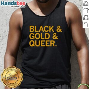 Official Black Gold Queer Tank Top featuring bold lettering and vibrant colors, perfect for pride events and everyday wear.