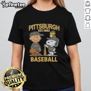 Alt Text: Awesome Charlie Brown, Snoopy, and Woodstock in Pittsburgh Pirates baseball jersey est. 1882 on ladies tee.