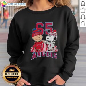 Alt Text: Pretty Charlie Brown and Snoopy sweatshirt celebrating the Los Angeles Angels 65th Anniversary, featuring city skyline design.