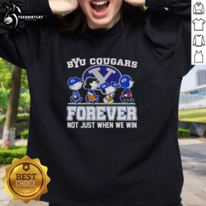 Awesome Peanuts X BYU Cougars sweatshirt featuring cartoon characters, perfect for fans who cheer forever, not just in wins.