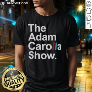Alt Text: Premium The Adam Carolla Show ACS logo T-shirt featuring a bold graphic design and comfortable fit for fans.