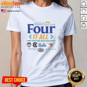 Alt Text: NCAA Women's Final Four 2026 logos for UCLA, Connecticut, South Carolina, and Texas on a stylish ladies tee.