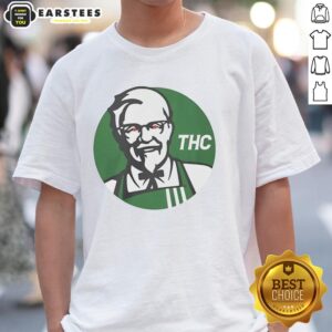 Alt Text: Funny Awesome KFC X THC logo t-shirt design featuring humorous graphics and vibrant colors.