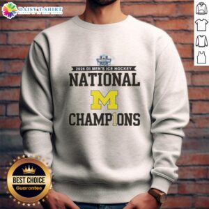 2026 Michigan Wolverines men's ice hockey Frozen Four champions sweatshirt in navy blue with bold team graphics.