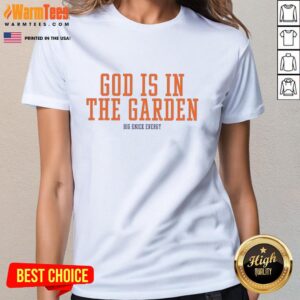 Premium New York Knicks 'God Is In The Garden' NBA Playoffs 2026 ladies tee showcasing team pride and style.