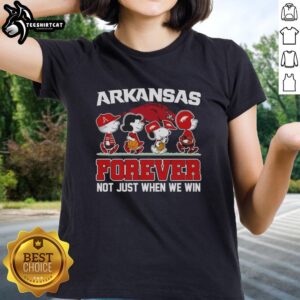 Awesome Peanuts X Arkansas Razorbacks Forever Fan cartoon characters ladies tee showcasing team spirit and fun design.