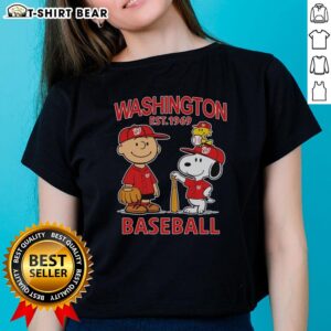Good Charlie Brown, Snoopy, and Woodstock in Washington Nationals baseball jersey est. 1969 on ladies tee.