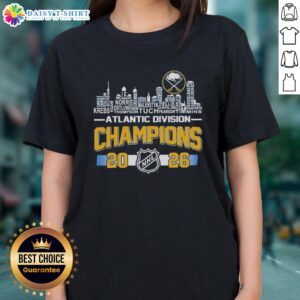Buffalo Sabres 2026 NHL Atlantic Division Champions tee featuring city skyline and player names, perfect for fans.