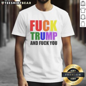 Alt Text: Colorful 'Awesome Fck Trump And Fck You' text T-Shirt design showcasing bold graphics and vibrant colors.
