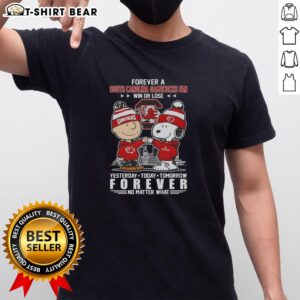 Alt Text: South Carolina Gamecocks Snoopy and Charlie Brown 'Forever A Fan Win Or Lose' T-Shirt showcasing team spirit.