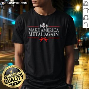 Alt Text: Hot Make America Metal Again Skulls Retro T-Shirt featuring bold skull graphics and vibrant colors, perfect for metal fans.