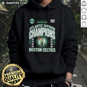 Awesome Boston Celtics 2026 NBA Atlantic Division Champions hoodie showcasing team colors and logo.