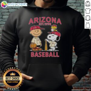 Alt Text: Pretty Charlie Brown, Snoopy, and Woodstock wearing Arizona Diamondbacks baseball jersey hoodie, established 1998.