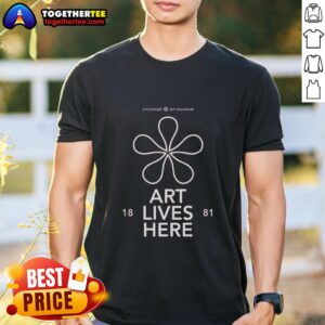 Official Cincinnati Art Museum Art Lives Here T-Shirt featuring vibrant design and museum logo on a stylish black tee.