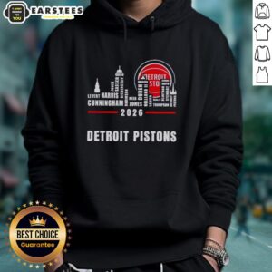 Official Detroit Pistons 2026 hoodie featuring the city's skyline and tribute to greatest all-time players.