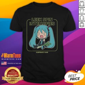 Alt Text: Cute Chibi Miku in surprised pose on a 'Leek Spin Intensifies' T-shirt, perfect for anime and Vocaloid fans.