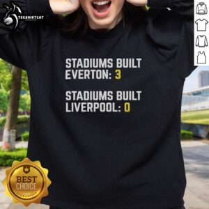 Official Everton sweatshirt showcasing 3 stadiums built, featuring Liverpool's 0. Perfect for football fans and collectors.