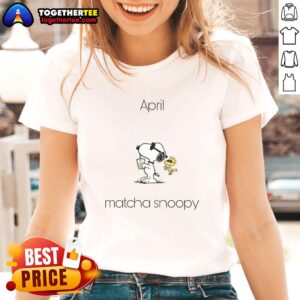 Pretty April Matcha Snoopy Woodstock Ladies Tee featuring a vibrant design of Snoopy and Woodstock in spring colors.