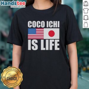Original Coco Ichi Is Life ladies tee featuring American and Japan flags, perfect for fans of cultural fusion and style.