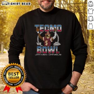 Nice Tecmo Bowl X Topps Chrome Commanders Jayden Daniels sweatshirt featuring vibrant graphics and unique design.