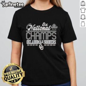 Alt Text: Premium Oklahoma Sooners 2026 Women's Gymnastics 8-Time National Champions Ladies Tee showcasing team pride.