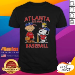 Alt Text: Cute Charlie Brown, Snoopy, and Woodstock in Atlanta Braves baseball jersey Est 1961 t-shirt design