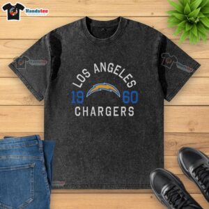 Premium Los Angeles Chargers Heritage Print Washed T-Shirt in navy, featuring team logo and vintage design.