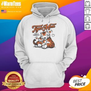 Good Tiger Mom Love Is Purrrfect Hoodie featuring a playful tiger graphic and cozy design for animal-loving parents.