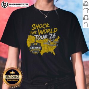 Awesome Michigan Wolverines MBB 2026 National Champions tee for women, celebrating the Shock the World Tour.