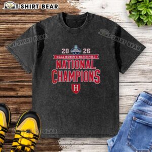 Harvard Crimson 2026 NCAA Women's Water Polo National Champs washed t-shirt celebrating their championship victory.
