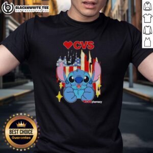 Alt Text: Pretty Stitch USA Flag T-Shirt inspired by CVS Pharmacy design, featuring vibrant colors and a stylish look.