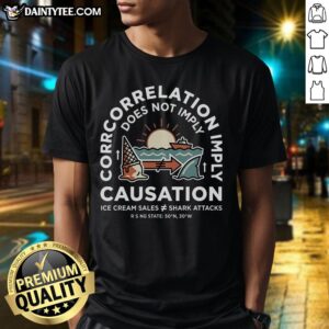 Official Spurious Correlation Does Not Imply Causation T-Shirt featuring a humorous design for science enthusiasts.