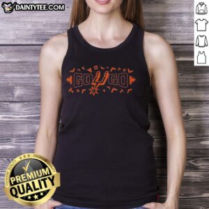 Alt Text: Top Go Spurs Go orange tank top featuring team logo, perfect for game day attire and Spurs fans.