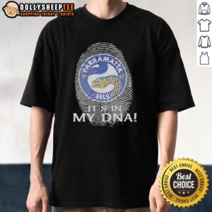 Alt Text: Original Parramatta Eels Rugby 'It'S In My DNA' Fingerprint T-Shirt featuring team colors and logo design.