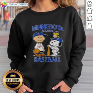 Alt Text: Charlie Brown, Snoopy, and Woodstock in Minnesota Twins baseball jersey sweatshirt, est. 1894 design.