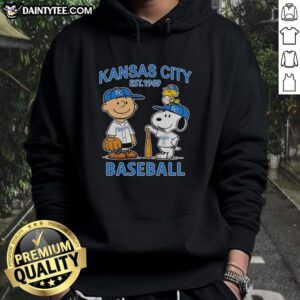 Cute Charlie Brown, Snoopy, and Woodstock wearing Kansas City Royals baseball jersey hoodie, established 1969.