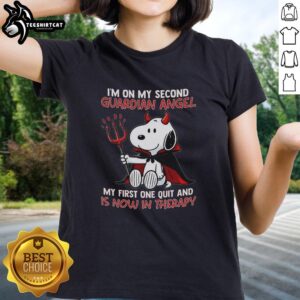 Good Snoopy graphic tee featuring 'I'm on my second guardian angel' for women, perfect for casual and fun outfits.