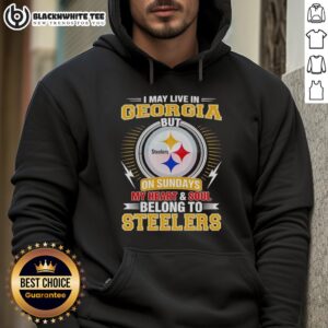 Good Pittsburgh Steelers hoodie design, showcasing loyalty with 'I may live in Georgia, but my heart belongs to Steelers.'