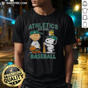 Good Charlie Brown, Snoopy, and Woodstock in Oakland Athletics baseball jersey T-shirt, established 1901.