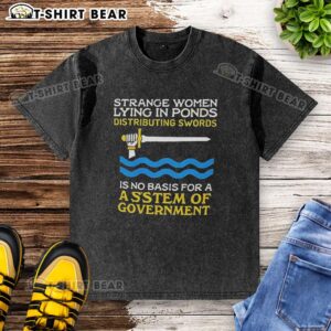 Nice strange women lying in ponds, distributing swords in a whimsical scene on a washed T-shirt design.