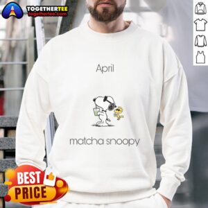 Alt Text: Pretty April Matcha Snoopy Woodstock sweatshirt in soft green, featuring Snoopy and Woodstock designs, perfect for spring.
