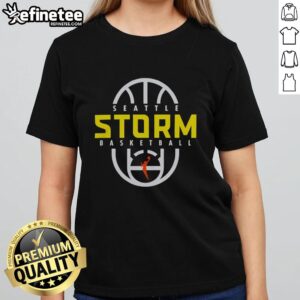 Awesome Seattle Storm Basketball 2026 on-court authentic practice logo ladies tee in vibrant green and white design.