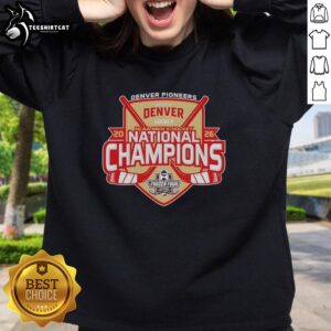 Denver Pioneers 2026 NCAA Frozen Four Men's Ice Hockey National Champions sweatshirt in vibrant colors.