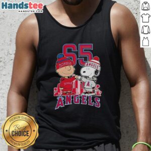 Alt Text: Cute Charlie Brown and Snoopy tank top celebrating Los Angeles Angels 65th anniversary with city skyline design.