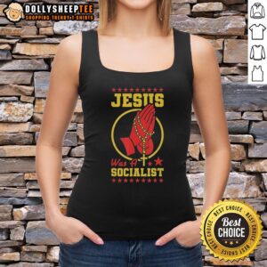 Official Jesus Was A Socialist tank top showcasing bold text design, perfect for expressing social justice beliefs.